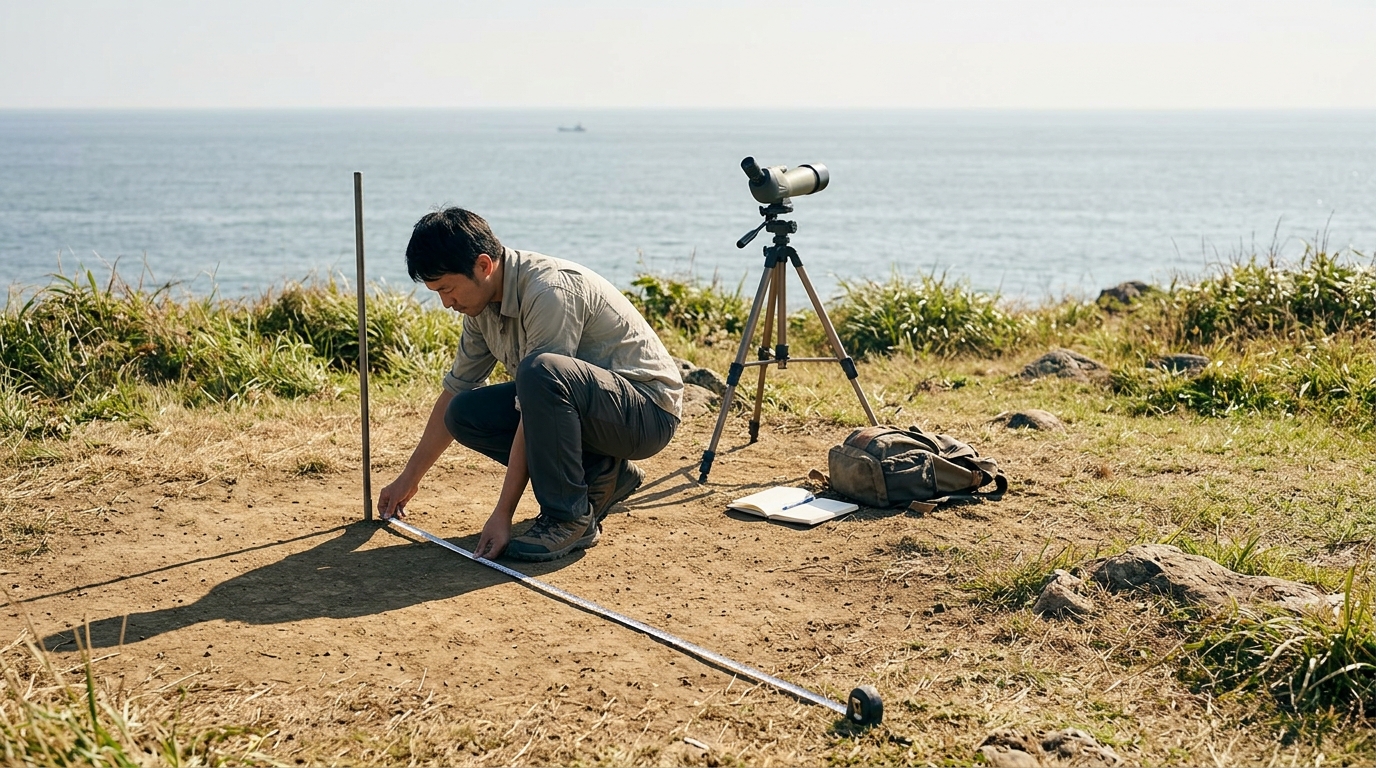 海を望む崖の上で棒を立て、影の長さをメジャーで測る男性と三脚の望遠鏡