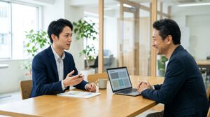 仕事の疑問点を上司に質問する若手社員と、笑顔で聞く上司