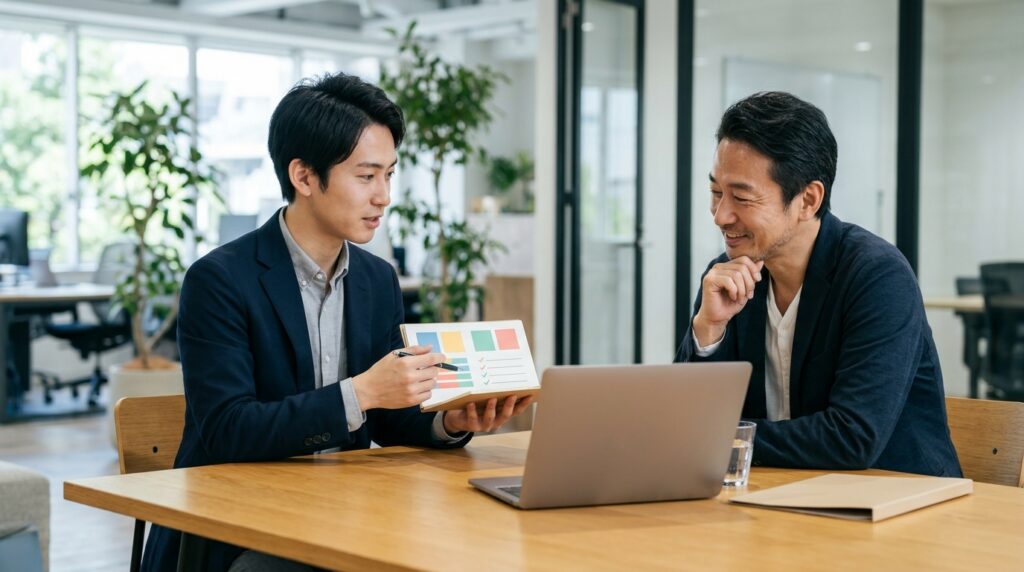 仕事の疑問点を資料にまとめ、上司に質問して確認する若手社員