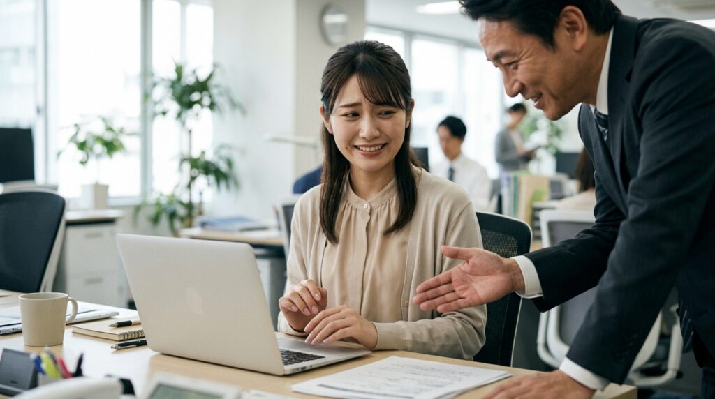 職場で男性上司に話しかけられる女性社員