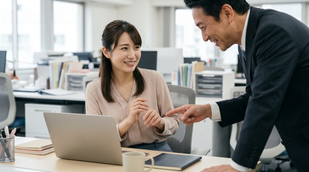 職場で男性上司に話しかけられる女性社員