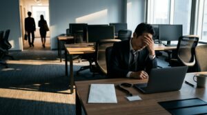 人が去っていく静かなオフィスで頭を抱える経営者