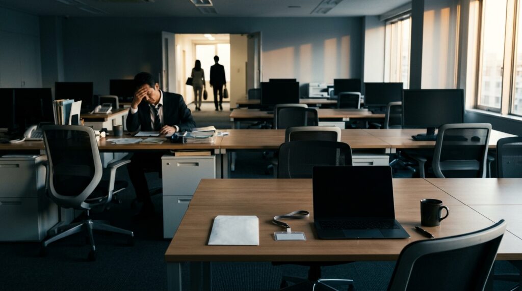 空席が目立つオフィスで退職者を見送る社員